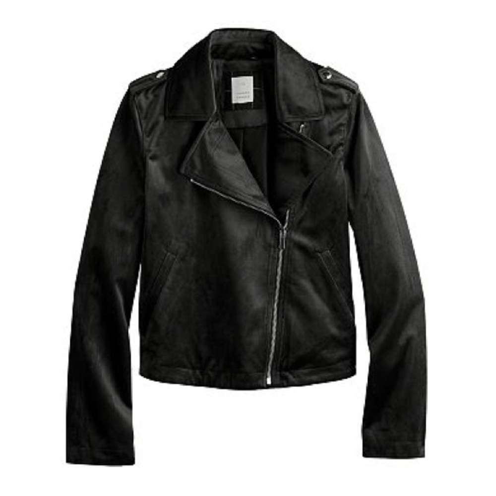 NWT LC Lauren Conrad Black Sueded Moto Jacket Collar Zippered Black Moto Coat - Picture 11 of 13